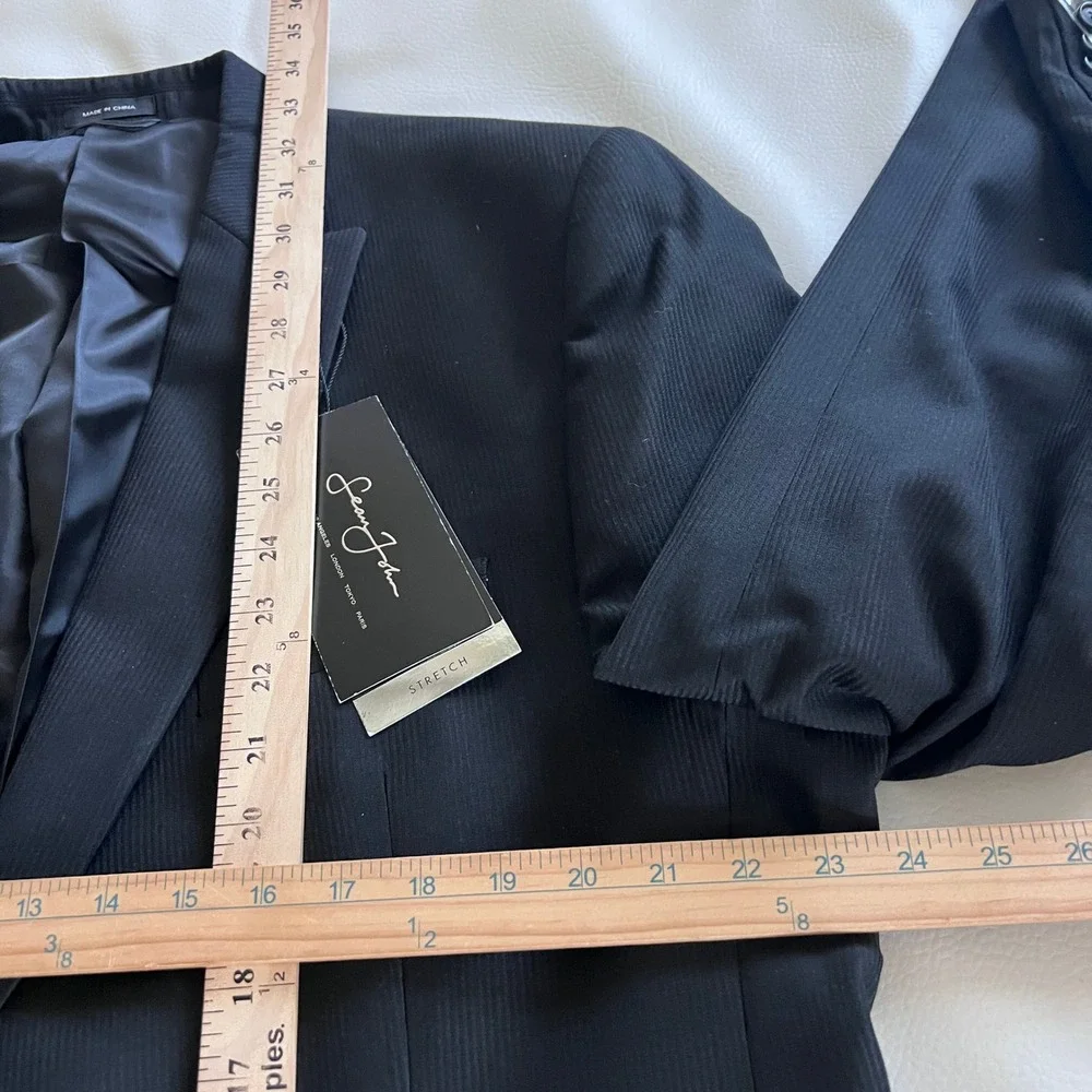 Sean John Suit Coat Pants 2 pc 48L 42W Black Stretch Raw Hem Legs Altered Wide